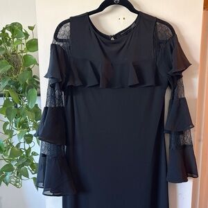 Chic Black Ruffle Dress with Lace Sleeves